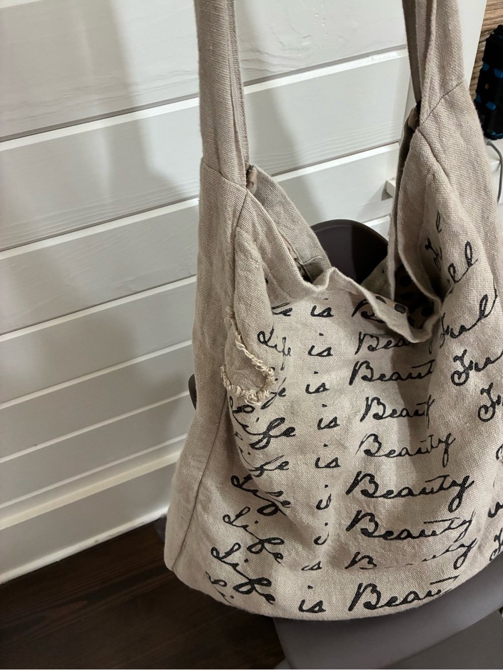 Beige Canvas Shoulder Bag with Script Print